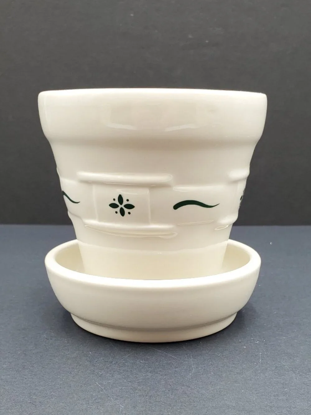 Longaberger Pottery Woven Traditions Heritage Green Flower Pot with Saucer